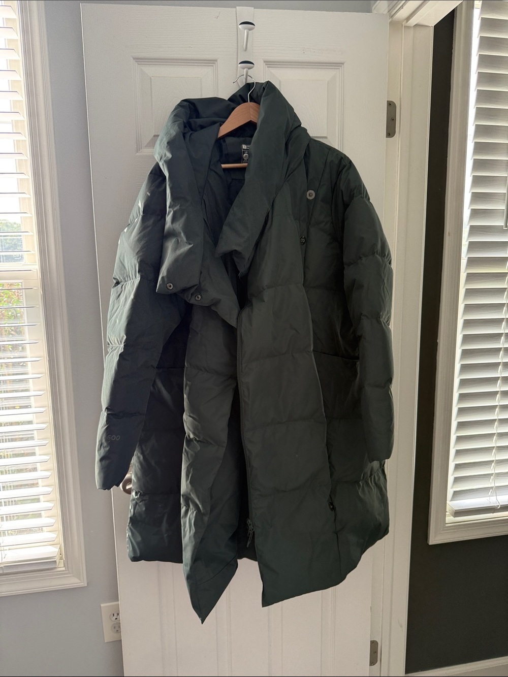 Long Dark Green Quilted Puffer Coat with High Collar
